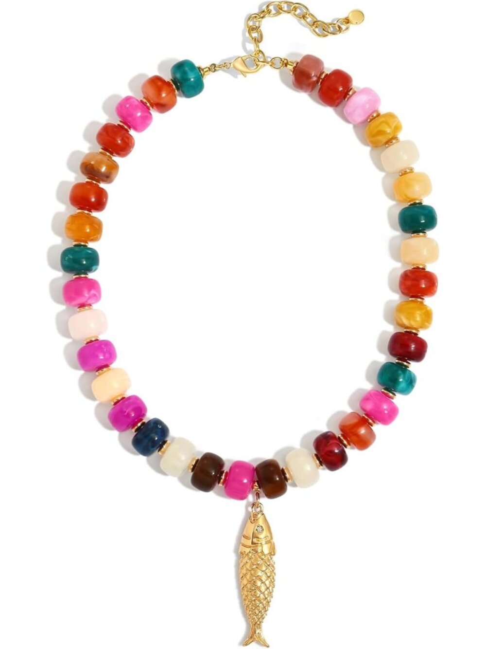 Colorful Beaded Shell Necklace with Gold Seashell Pendant - Boho Beach Jewelry